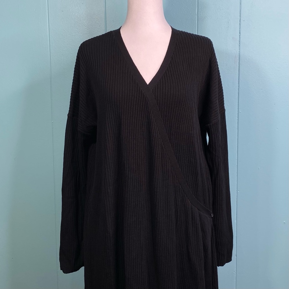 VETTA Capsule Size XL Black Ribbed Wrap Sweater Dress Duster Organic Cotton